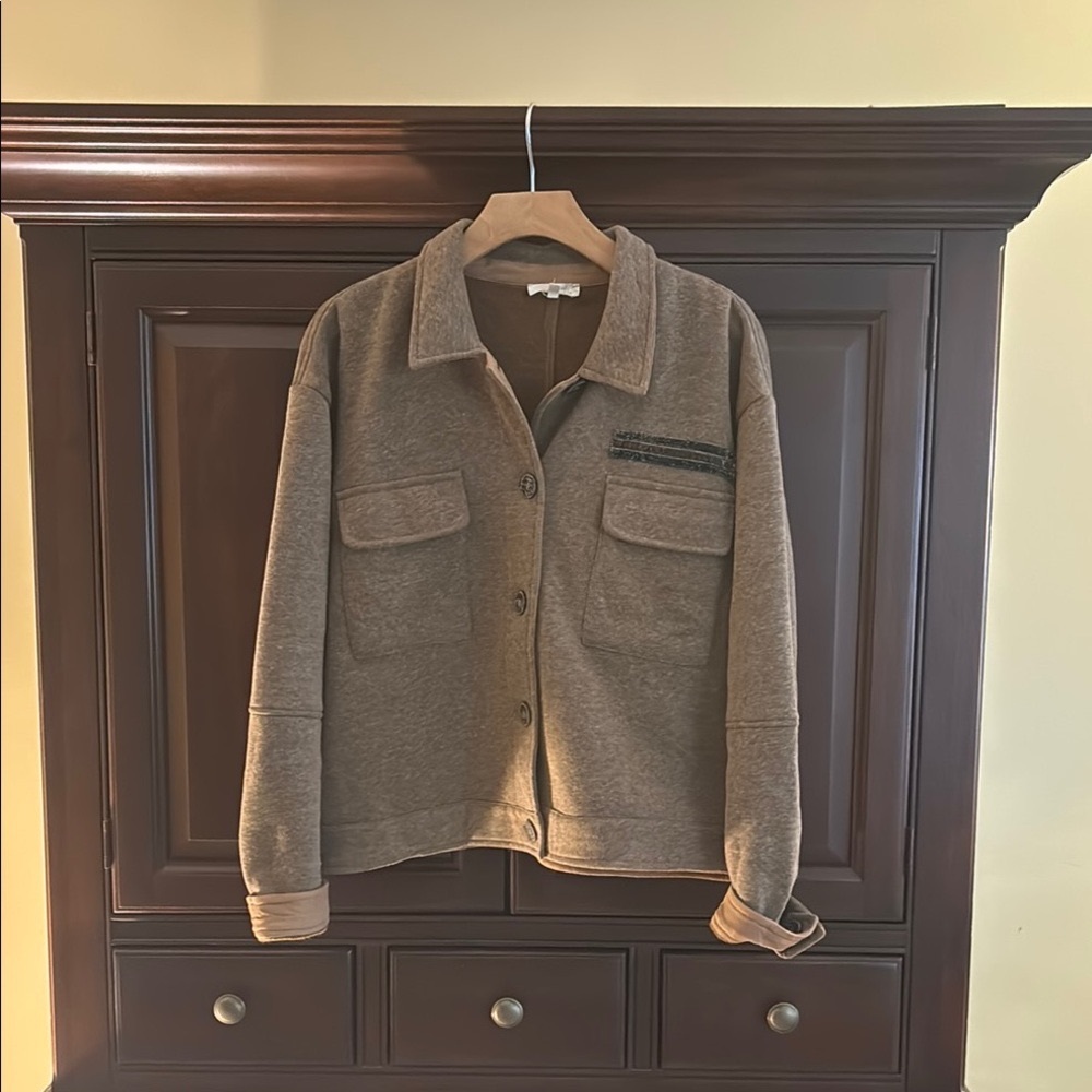 Women’s  Brown Shirt Jacket with cute pockets and sparkly velvet embellishment